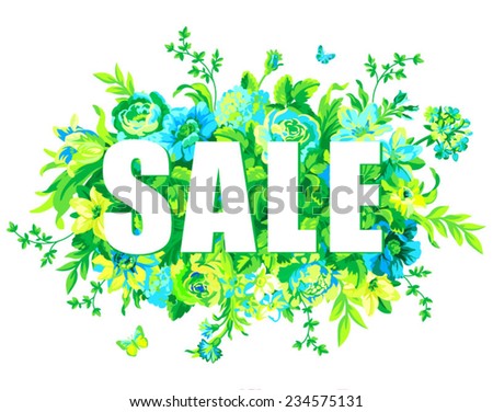 Vector word "sale".Letters made on green flowers and leaves background. 