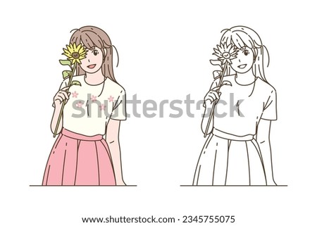 Cute design element cartoon, cartoon illustration of beautiful girl holding sunflower, Character cartoon, Vector image.