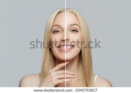 Beautiful female face before and after lifting cosmetics procedure, studio portrait Royalty-Free Stock Photo #2345755817
