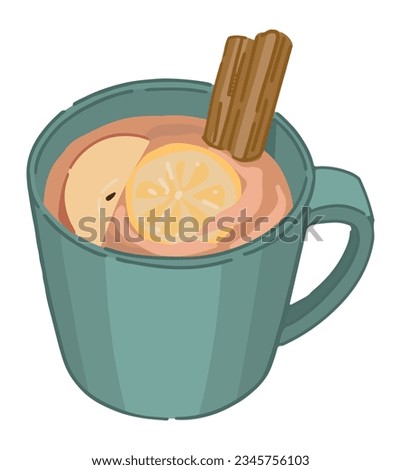 Doodle of cup of tea. Drink with cinnamon, lemon and apple. Cold season beverage clipart isolated on white background. Vector illustration in cartoon style..