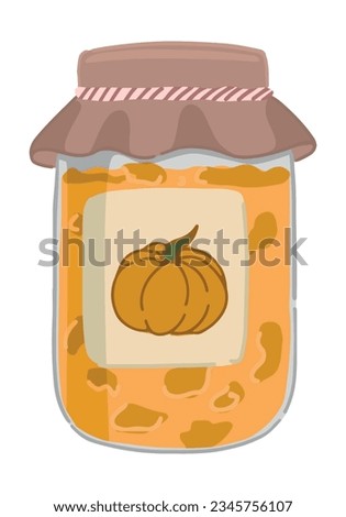 Jar of pumpkin jam clipart. Doodle of sweet homemade autumn season food. Cartoon vector illustration isolated on white background..