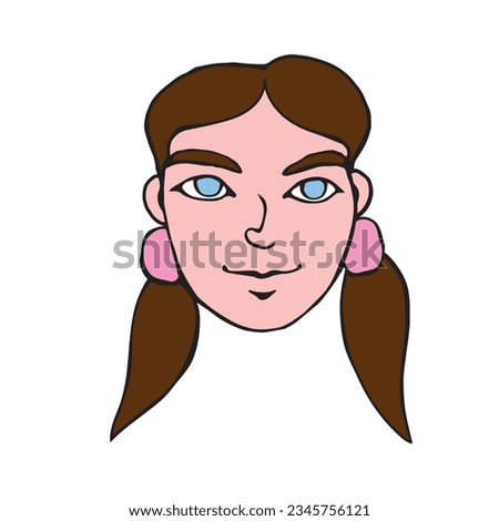 The face of a girl with two ponytails. Vector contour illustration in the style of doodle drawn by hand. Different and beautiful