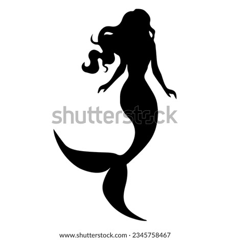 Vector illustration. Silhouette of a woman with a fish tail. Mermaid underwater.