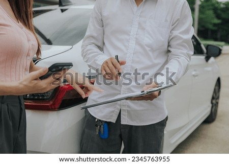 Car sales or rentals: Happy customers with car dealership agents make deals and sign contracts, agreement documents.