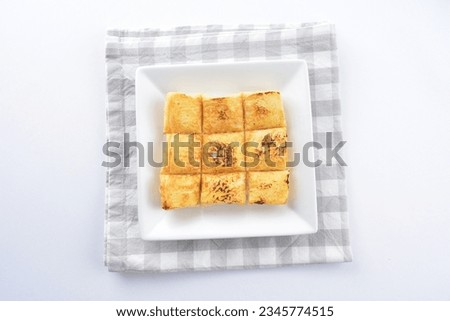 square fried egg French toast bread set with half boiled soft chicken egg and hot coffee or tea breakfast on white background asian chef appetiser halal bakery food restaurant pastry menu for cafe