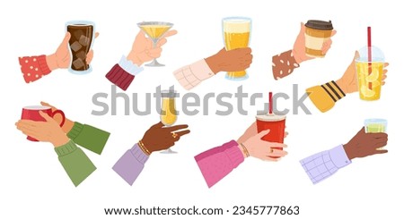 Cartoon hands holding drinks. Human hand with coffee mug, tea cup, water or wine glass, cold and warm beverages in female hands flat vector illustration set. Various beverages collection