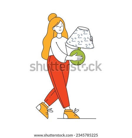 Redhead Woman Walking Carrying Lamp During Relocation Vector Illustration