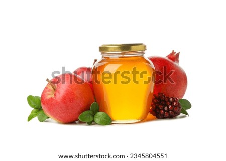 PNG, apples, pomegranate and jar of honey, isolated on white background