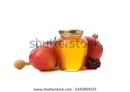 PNG, apples, pomegranate and jar of honey, isolated on white background