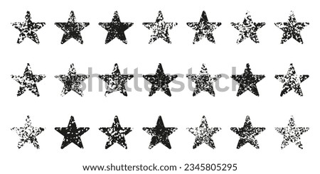 Star Shape Set with Grunge Texture. Dirty Old Vintage Stamp Collection. Retro Distressed Black Star Symbol. Abstract Design Element. Isolated Vector Illustration.