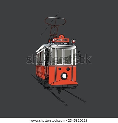 The European side of Istanbul T2 tramline Taksim Tunel traditional turkish public transport, Istiklal, Beyoglu. Hand drawing, sketch of tramway. Vector illustration eps10 Royalty-Free Stock Photo #2345810119