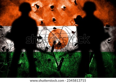 Niger flag double exposure. Symbol depicting a coup d'état. Niger coup and civil war. Suitable for basemaps or report descriptions Royalty-Free Stock Photo #2345813715
