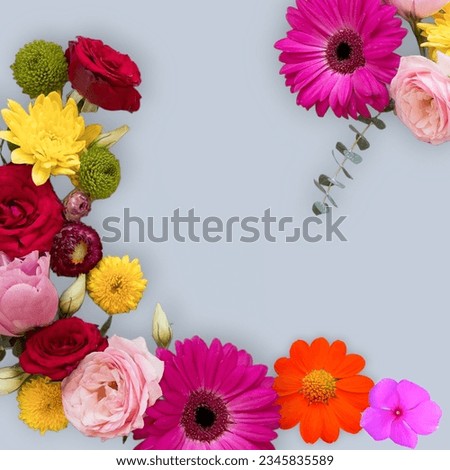 white background picture decorated with roses, chrysanthemums