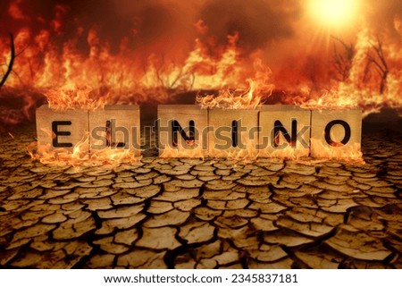 Wooden block of El Nino on the cracked mud and wild fire background. climate change and global warming concept Royalty-Free Stock Photo #2345837181