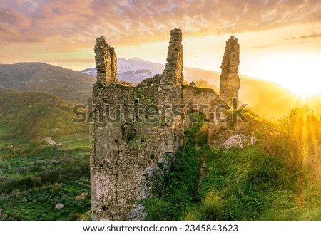 mountain landscape with view from old anciant ruins to a mountain highland plato with white top of vulcan