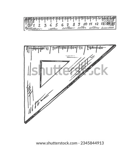 Vector hand-drawn school and office supplies Illustration set. Detailed retro style triangular and 
rectangular ruler sketches. Vintage sketch element. Back to School. School essential illustration.