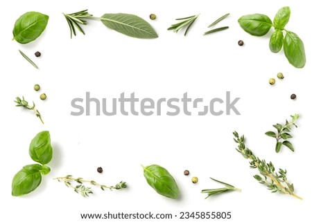 frame or border made of loosely spread mediterranean herbs isolated over a white background, basil, thyme, oregano, rosemary sage and green and black pepper, cut-out herbs and food element