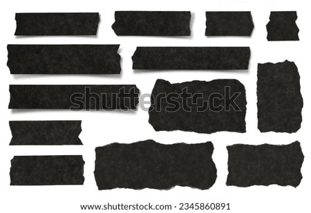 set or collection of black ripped textured paper strips, scraps and tape isolated over a white background, ideal for text and messages, cut-out vintage collage design elements, highly detailed