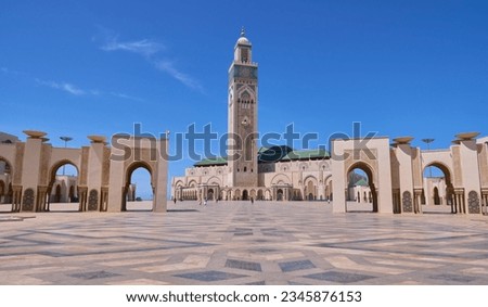 The Hassan II Mosque in Casablanca, the largest in Morocco. Traditional Moroccan design. Islamic architecture and Moroccan elements with Moorish influences and an urban design. Tourist attraction. Royalty-Free Stock Photo #2345876153