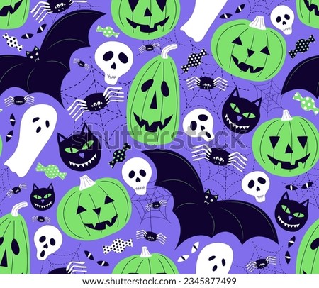 Cute Halloween Pattern With Bright Purple and Green Colors. Halloween Seamless Pattern With Pumpkins, Bats, Skulls, Cats And Candy.
