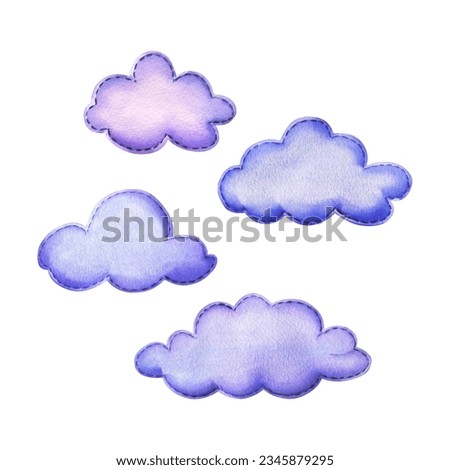 Blue, lilac clouds are sewn from fabric with thread stitches. Watercolor illustration, hand drawn. Set of isolated objects on white background.