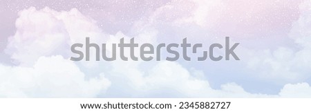 Sugar cotton purple clouds vector design background. Glamour fairytale backdrop. Plane sky view with stars and sunset. Watercolor style texture. Delicate card. Elegant decoration. Fantasy pastel color