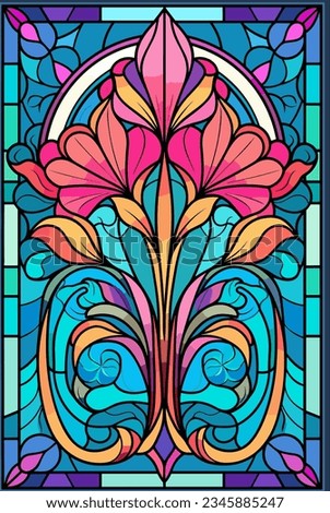 Illustration in stained glass style with abstract flowers, leaves and curls, rectangular image. Vector illustration. Royalty-Free Stock Photo #2345885247