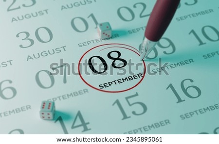 September 8th Calendar date. close up a red circle is drawn on September 8th to remember important events Royalty-Free Stock Photo #2345895061