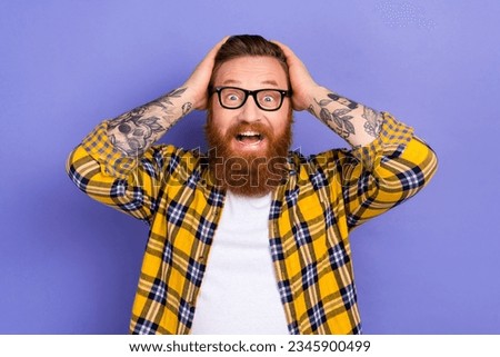 Portrait of impressed speechless positive person arms touch head open mouth isolated on purple color background Royalty-Free Stock Photo #2345900499