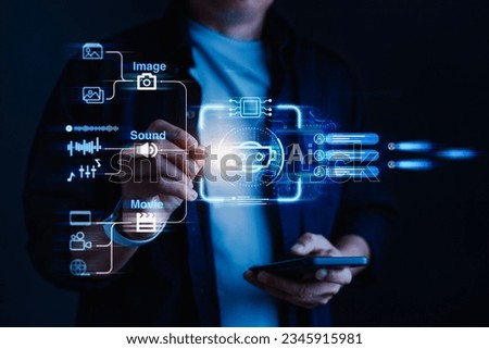 Businessman engages with an virtual screen, harnessing Artificial Intelligence (AI) to effortlessly convert text to sound, images, generating captivating multimedia content in real-time