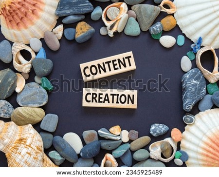 Time for content creation symbol. Concept words Content creation on beautiful wooden block. Beautiful black table black background. Sea shell sea stone. Business content creation concept. Copy space. Royalty-Free Stock Photo #2345925489