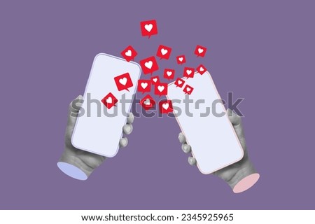 Two mobile phones with like symbols from social network in male and female hands on violet color background. Trendy collage in magazine style.Contemporary art. Modern creative design. Dating site, app