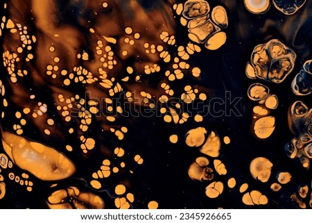 Exclusive beautiful pattern, abstract fluid art background. Flow of blending golden black paints mixing together. Blots and streaks of ink texture for print and design