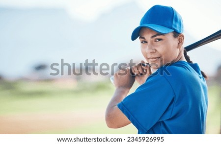 Baseball, bat and portrait of a woman outdoor on a pitch for sports, performance and competition. Professional athlete or softball player with mockup, space and ready for game, training or exercise
