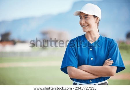 Sports, baseball and woman with arms crossed on a field for training, match or fitness goals on blurred background. Happy, softball and female coach at park with motivation, proud or positive mindset