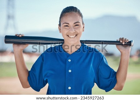 Sports, portrait and woman with a baseball, bat and smile at a field for training, workout or match practice. Happy, face and female softball batter at a park for competition, performance and workout