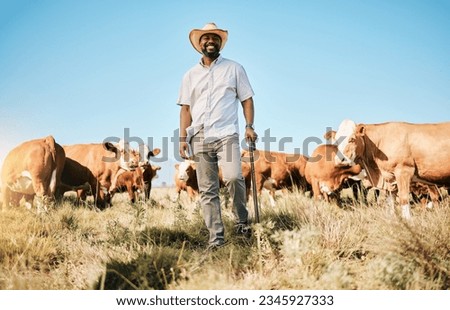 Happy black man, portrait and animals in farming, agriculture or sustainability in the countryside. African male person smile with natural cattle, live stock or cow herd on farm or field at the barn