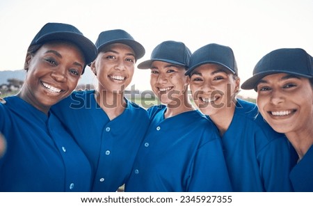 Women, team portrait and softball, selfie and sports game with fitness, professional and athlete group together. Memory, happy and support, trust and smile in picture, baseball player and outdoor