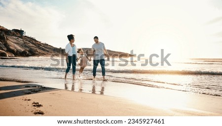 Walking, bonding and family on the beach for vacation, adventure or holiday together at sunset. Travel, having fun and girl child with her mother and father on the sand by the ocean on weekend trip. Royalty-Free Stock Photo #2345927461