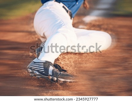 Slide, baseball action and athlete in a dirt for game or sports competition on pitch in stadium. Person, ground and tournament performance by athlete or base runner in training, exercise or workout