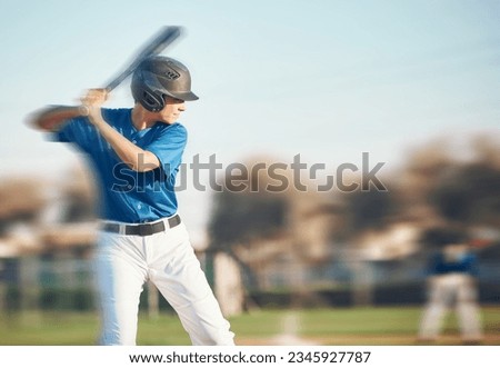 Baseball, bat and a person swing outdoor on a pitch for sports, performance and competition. Professional athlete or softball player with motion blur game, training or exercise on a field with space