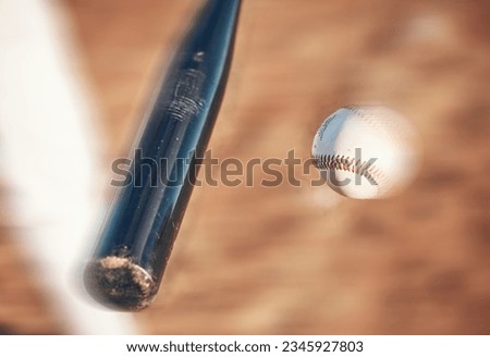 Softball, hit and closeup of field for training, sports and fitness, competition or outdoor exercise. Blur, ball and bat on a baseball background with power strike in action, speed or performance