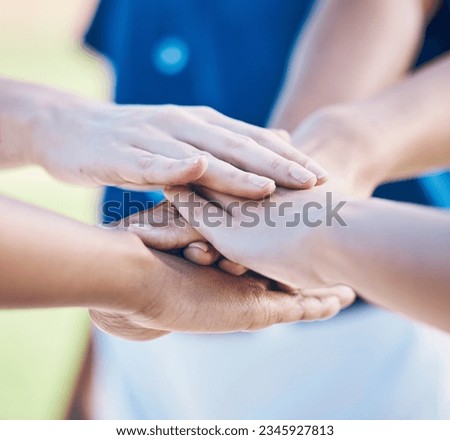 Sports, hands stack and together for baseball team building, match motivation or competition support. Closeup player, softball commitment and group of people collaboration, teamwork and solidarity
