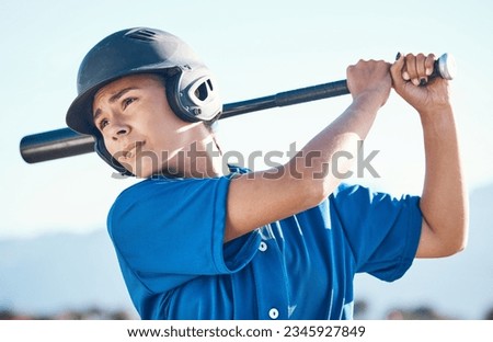 Baseball, bat and swing of a person outdoor on a pitch for sports, performance and competition. Professional athlete or softball woman for swing, commitment and fitness for game, training or exercise