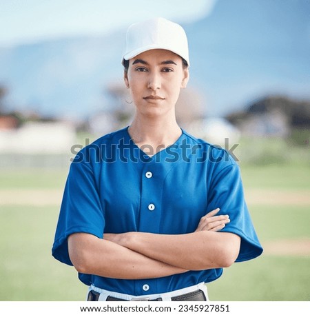 Sports, portrait and woman with arms crossed for baseball field training, workout or match. Fitness, face and softball player at a park proud, serious and mindset focus against blurred background