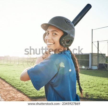 Baseball portrait, bat and a woman outdoor on a pitch for sports, performance and competition. Professional athlete or softball player happy about a game, training or exercise challenge at stadium
