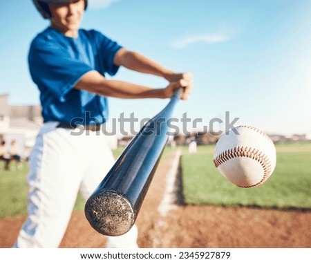 Baseball, hit and person on field for training, sports or fitness competition outdoor. Closeup of pitcher, ball or bat by softball player with power strike at stadium for action, speed or performance