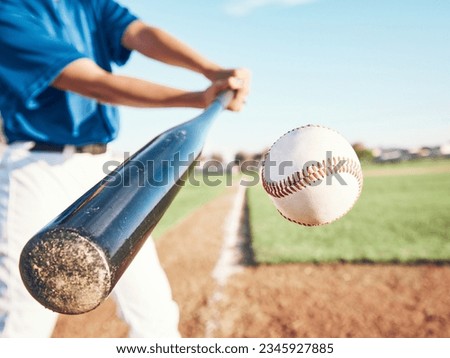 Baseball, hit and person on field for in closeup training, sports and fitness in outdoor competition. Hands, ball and bat softball player with power strike at stadium for action, speed or performance