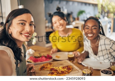 Friends, selfie and pizza with women in kitchen for happy, social media and fast food. Smile, profile picture and post with portrait of people at home for party, celebration and photography together