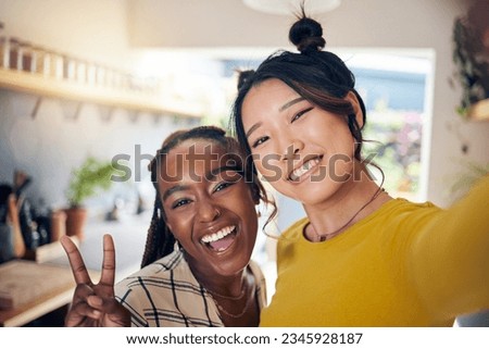 Happy, friends and selfie with women and peace sign for social media, relax and diversity. Smile, happiness and profile picture with portrait of people at home for content creator and influencer